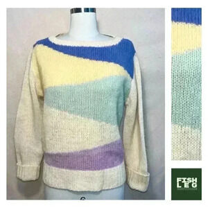 Vintage | Pastel Colorblocked 90s Crewneck Sweater - Cream & Multi / Sz M